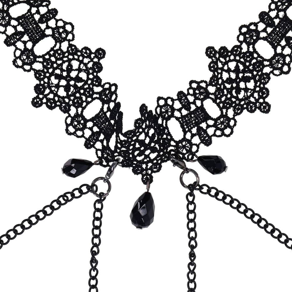 Sex & Mischief Lace Collar with Nipple Ties - Black Neck and Nipple Restraints