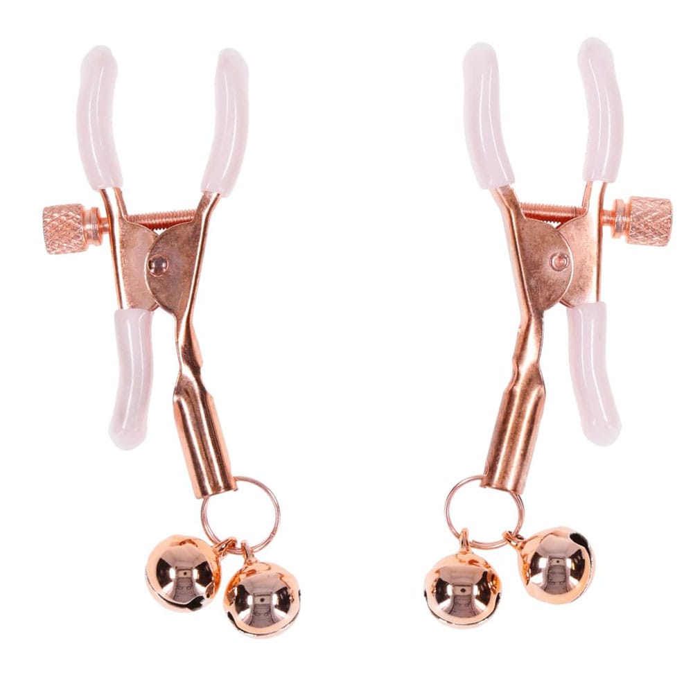 Sex & Mischief Peaches n CreaMe Bell Nipple Clamps - Peach/Rose Gold Nipple Clamps with Bells - Set of 2