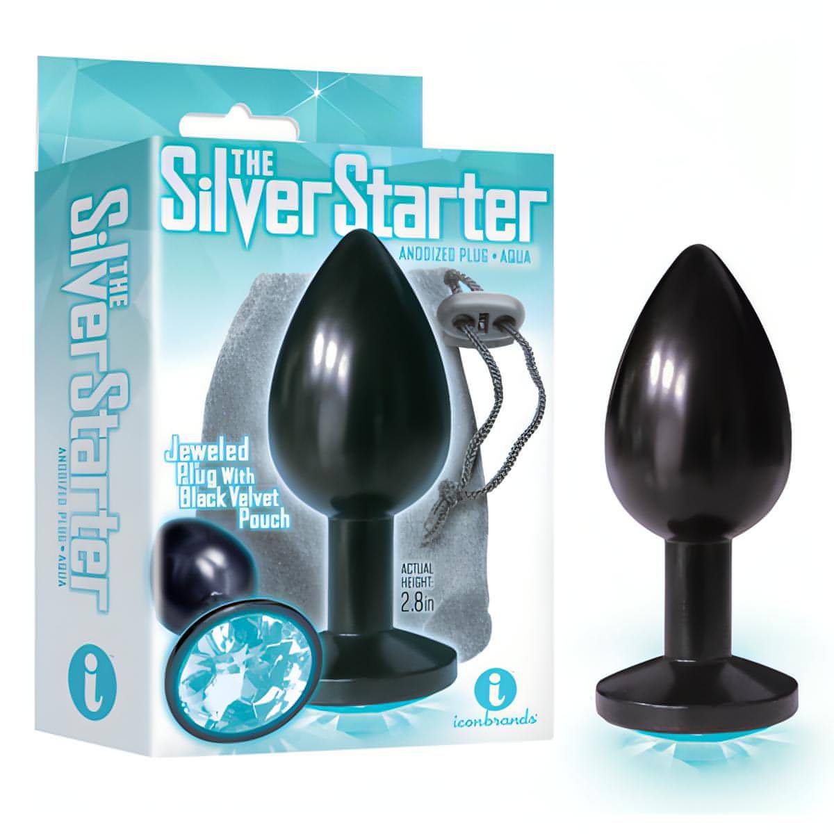 The Silver Starter - Anodised  7.1 cm (2.8'') Butt Plug with Aqua Round Jewel - Btantalized.com.au