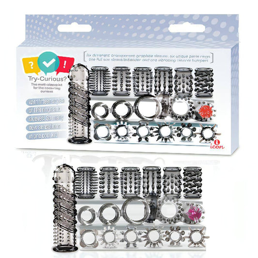 Try-Curious Cock Ring & Sleeve Set - Clear - 15 Piece Set - Btantalized.com.au