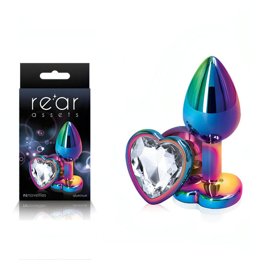 Rear Assets Multi  Heart - Multi  Small Metal Butt Plug with Clear Heart Gem Base - Btantalized.com.au