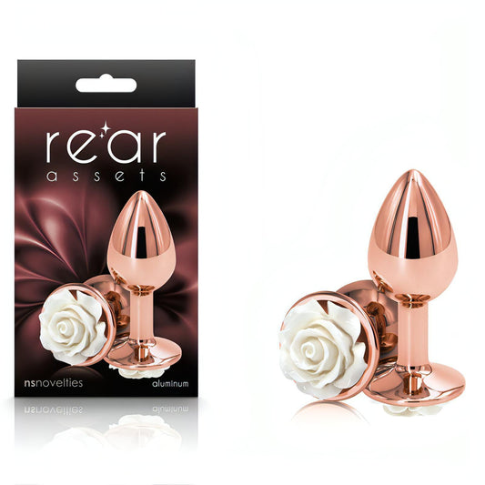 Rear Assets Rose - Small -  7.6 cm Metal Butt Plug with White Rose Base - Btantalized.com.au