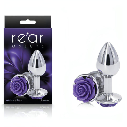 Rear Assets Rose - Small -  7.6 cm Metal Butt Plug with Purple Rose Base - Btantalized.com.au