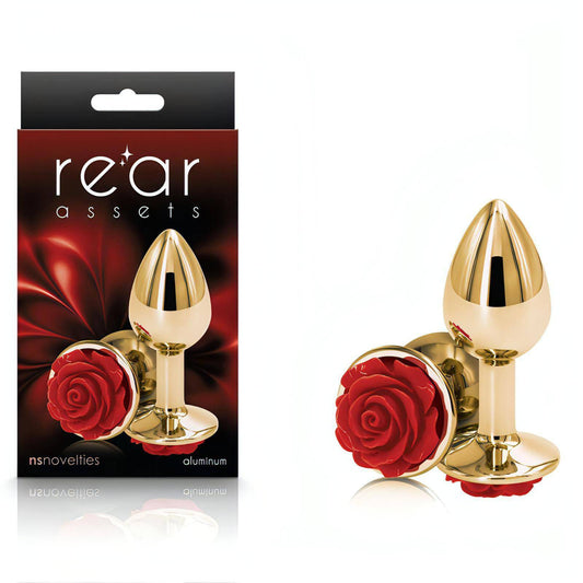 Rear Assets Rose - Small - Gold 7.6 cm Metal Butt Plug with Red Rose Base - Btantalized.com.au