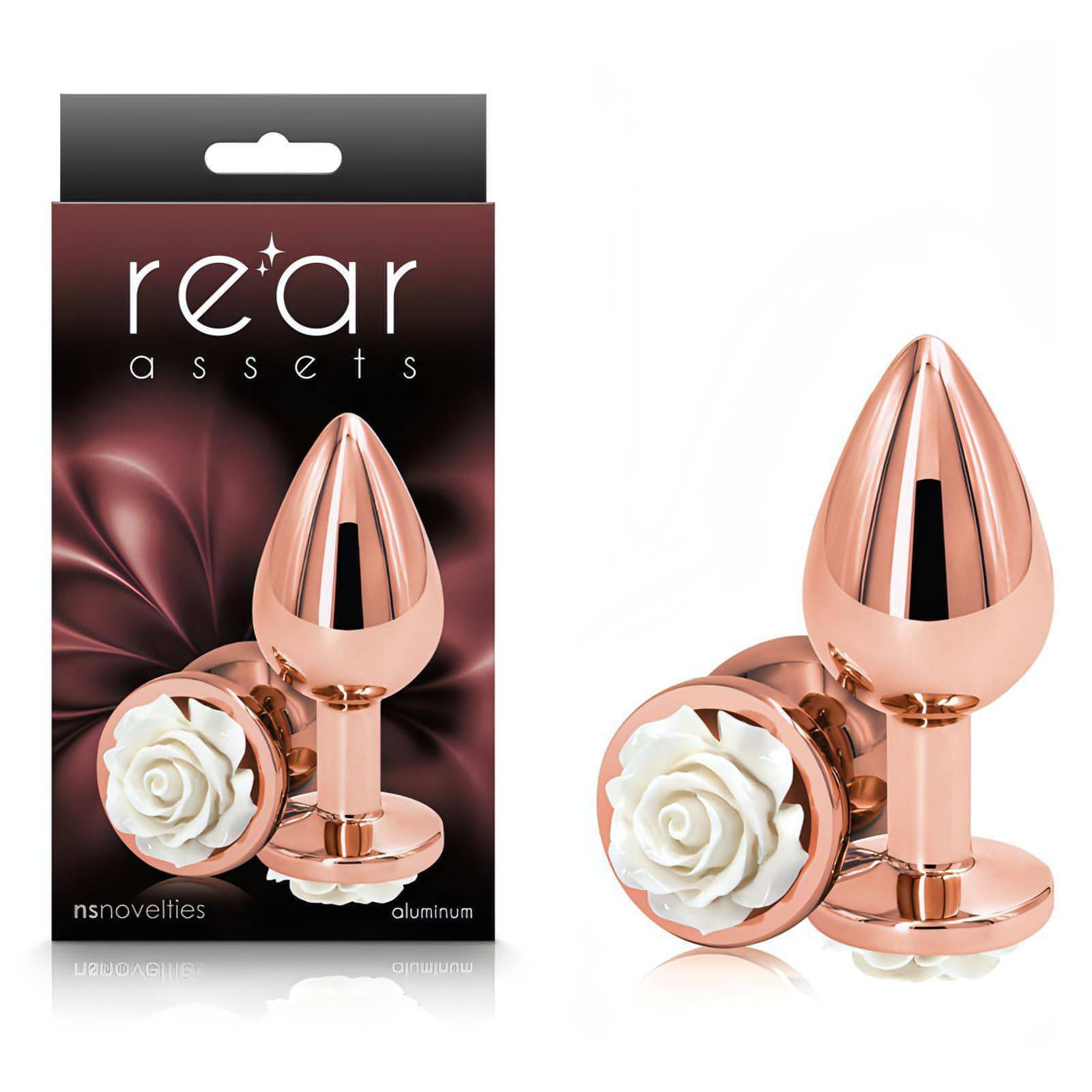 Rear Assets Rose - Medium -  8.9 cm Metal Butt Plug with White Rose Base - Btantalized.com.au