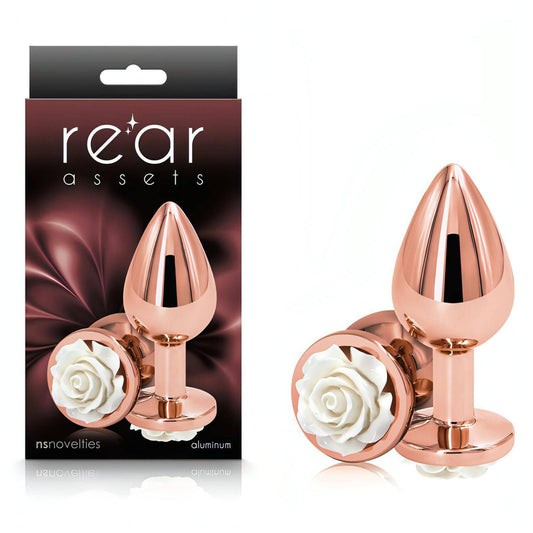 Rear Assets Rose - Medium -  8.9 cm Metal Butt Plug with White Rose Base - Btantalized.com.au