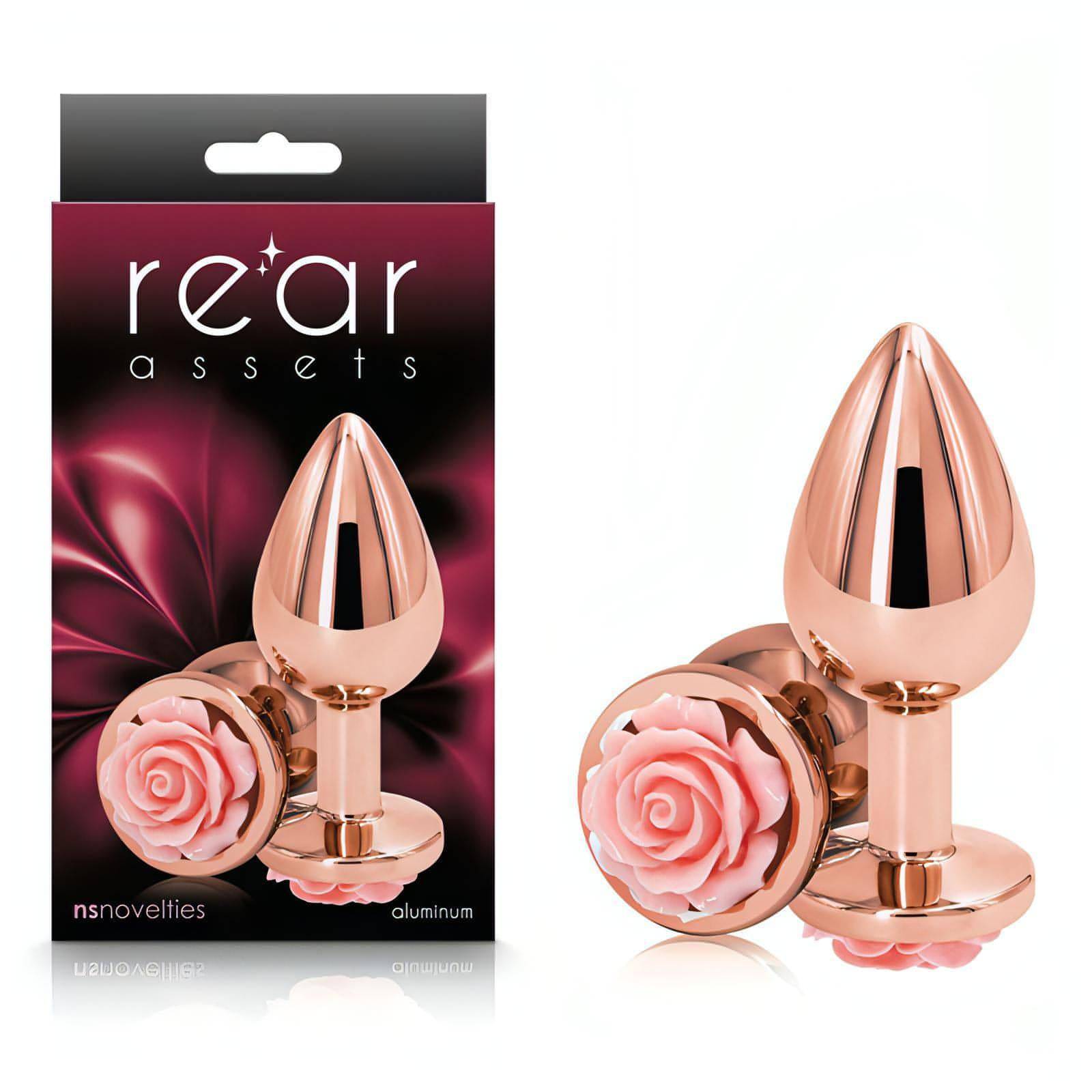 Rear Assets Rose - Medium -  8.9 cm Metal Butt Plug with Pink Rose Base - Btantalized.com.au
