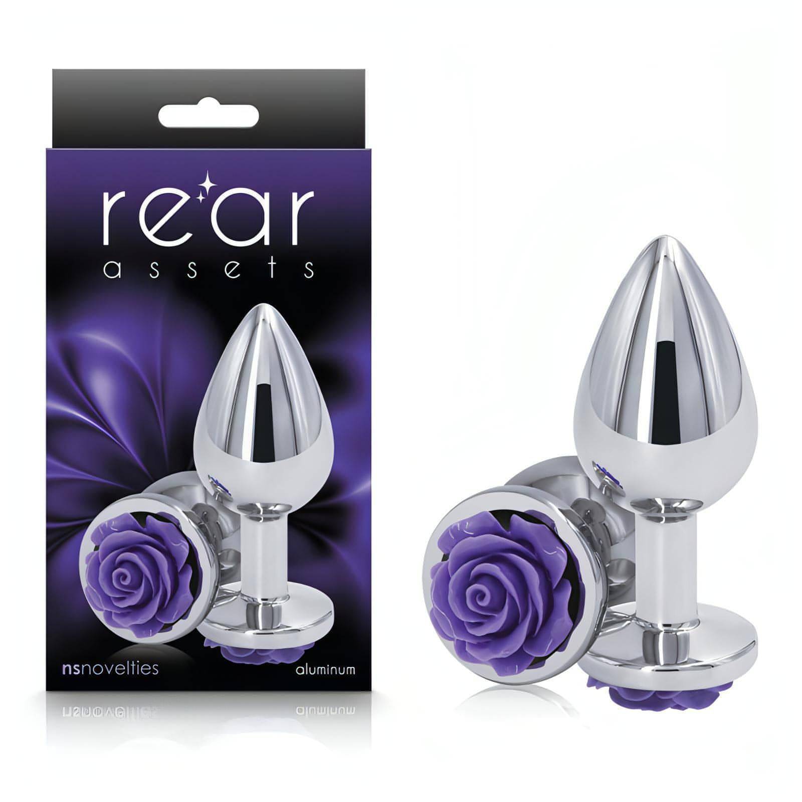 Rear Assets Rose - Medium -  8.9 cm Metal Butt Plug with Purple Rose Base - Btantalized.com.au