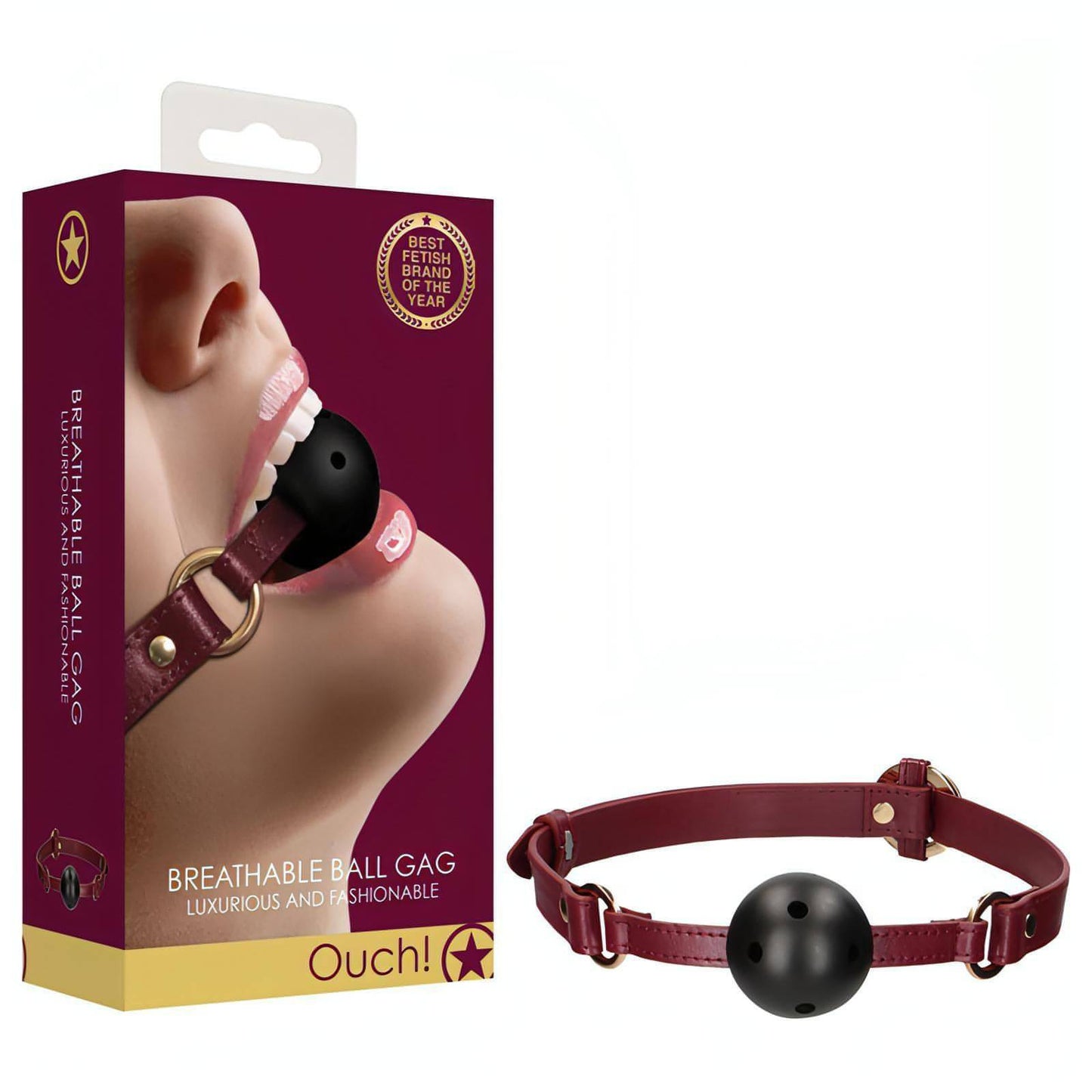 OUCH! Halo - Breathable Ball Gag - Burgundy Mouth Restraint - Btantalized.com.au