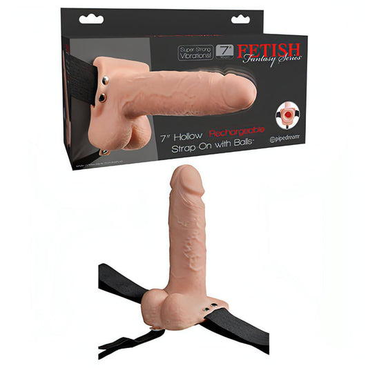 Fetish Fantasy Series 7'' Hollow Rechargeable Strap-On with Balls - Flesh 17.8 cm Vibrating Hollow Strap-On - Btantalized.com.au