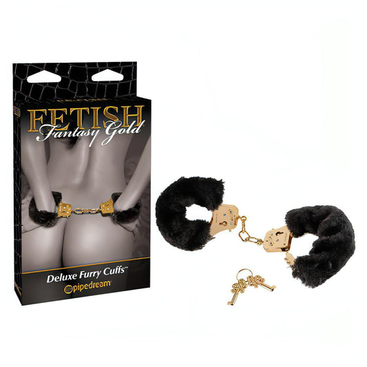 Fetish Fantasy Gold Deluxe Furry Cuffs - Black/Gold Furry Restraints - Btantalized.com.au